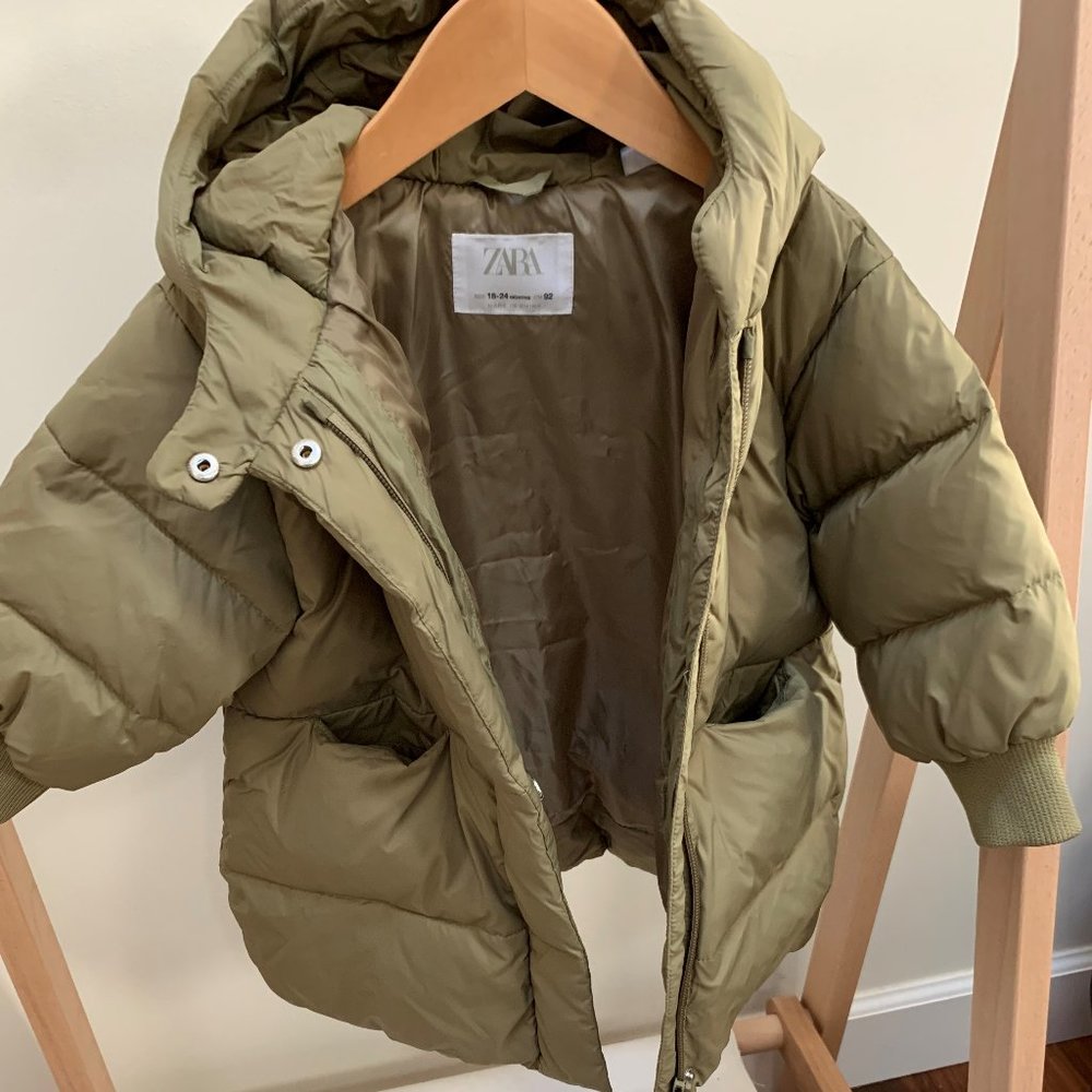 Zara 18-24 Months Puff Greenish Hooded Jacket for girls